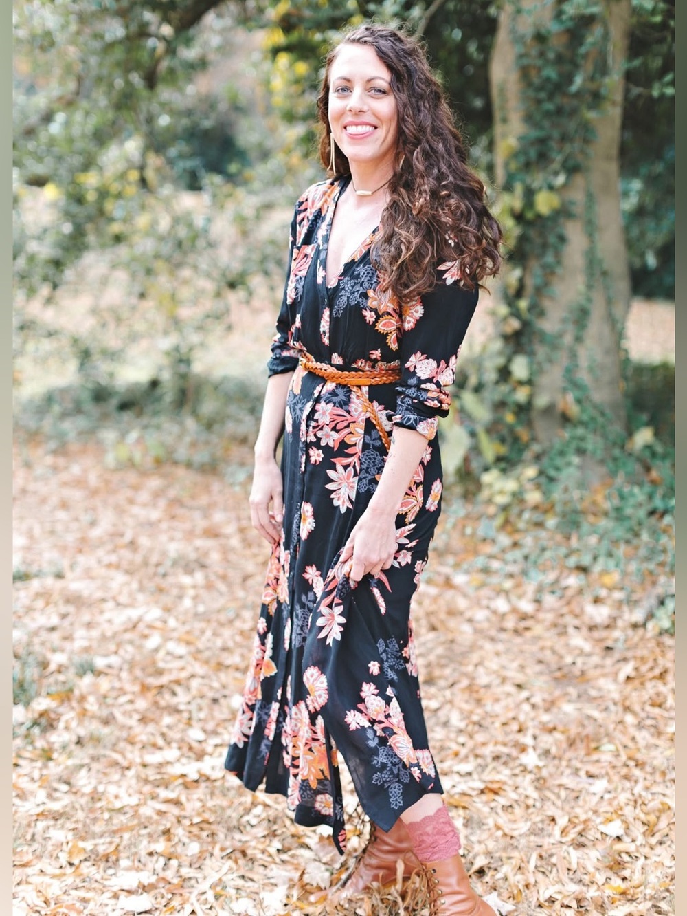 Free People Miranda dress Black Floral Dress with Coral Accents